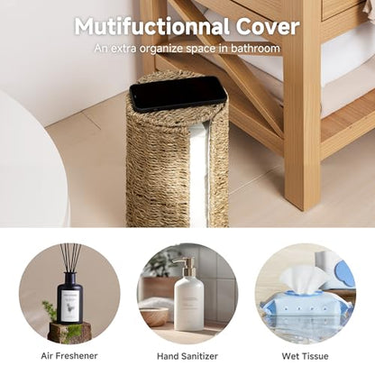 StorageWorks Seagrass Free Standing Toilet Paper Holder Stand for Bathroom, 3 Rolls of Toilet Tissue Storage with a Built-in Cloth Lining, Toilet Roll Holder Stand with Lid | 3 Rolls of Toilet Tissue Storage with a Built-in Cloth Lining, Toilet Roll Holde