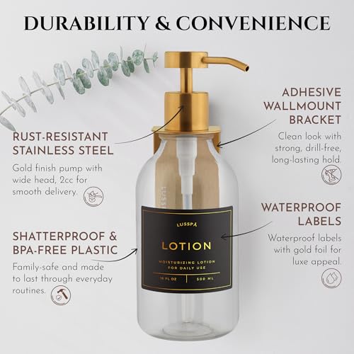 Shower Shampoo Dispenser Wall Mounted – Refillable 16.9 oz Clear Bottle with Stainless Steel Pump & No-Drill Adhesive Holder – Soap Dispenser for Bathroom (1 X Clear/Gold) - color: 1 X Clear/Gold