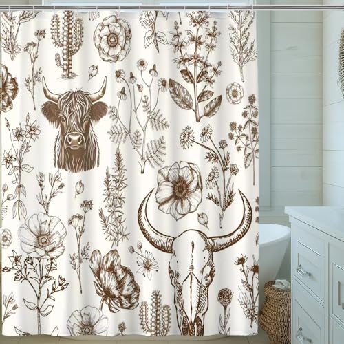 Wild West Bull Skull Shower Curtain Western Cactus Cow with Flowers Shower Curtains Brown Southwestern Bathroom Shower Curtain Set Bohemian Farmhouse Nature Bathroom Home Decor 72X72 inches - color: Brown Cream