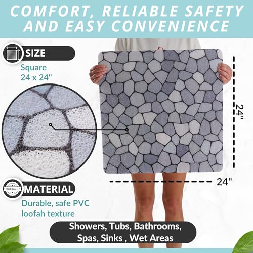 Enkosi Loofah Shower Mat Non Slip – Square Anti Slip Bath Mat for Inside Showers, Bathtub, Tub, Bathroom - Cushioned, Quick Dry PVC with Drain Holes - Secure Grip Safety Pad (Pebble Blue 24x24) - color: Pebble Blue, size: 24" x 24" (Square)