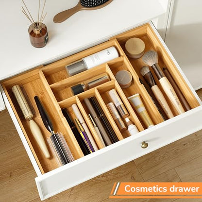 BAMEOS 3" Deepth Expandable Drawer Organizer, Deep Flatware Organizer, Adjustable Silverware Organizer, Bamboo Drawer Organizer for Kitchen, Bathroom (Natural) - size: 3''H 22X16