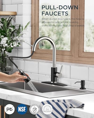 FORIOUS Kitchen Faucet with Soap Dispenser, Stainless Steel, Black Chrome | Pull Down Sprayer, High Arc Single Handle, Classic 3 Modes Bar Sink Faucet with Deck Plate, Suitable for Rv Laundry Camper - color: Black&Chrome, style: Classic