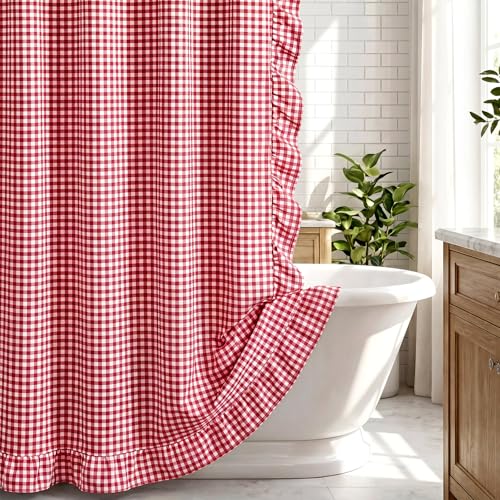 HunnmingRe Ruffled Gingham Shower Curtain 72 x 72 Inch Red Cotton Vintage Farmhouse Cottage Core Rural Checkered Plaid Shower Curtain with 12 Hooks for Bathroom Bathtubs Decor - color: Red, style: Ruffled Gingham