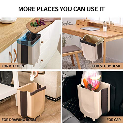 Hanging Collapsible Trash Can - 9L Wall Mounted Foldable Waste Bin for Kitchen Cabinet Door - Quickly Clean Counter, Sink, Bathroom - RV, Car, Camping Folding Garbage Basket (Brown)