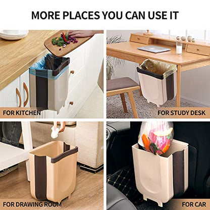 Hanging Collapsible Trash Can - 9L Wall Mounted Foldable Waste Bin for Kitchen Cabinet Door - Quickly Clean Counter, Sink, Bathroom - RV, Car, Camping Folding Garbage Basket (Brown)