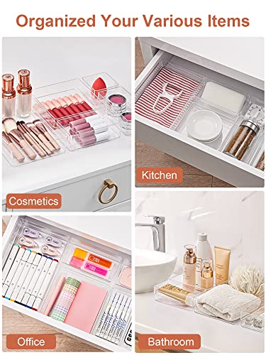 SMARTAKE 16 PCS Drawer Organizer, 5-Size Desk Bathroom Drawer Organizer | 5-Size Storage Tray with Non-Slip Silicone Pads for Makeup, Jewelries, Utensils in Bedroom Dresser, Office and Kitchen, Clear - size: Medium