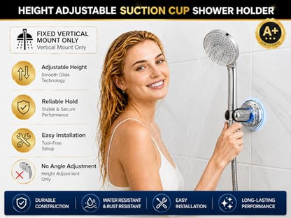 HOME&I Suction Cup Shower Head Holder for Handheld Shower–Includes 3M Adhesive Disc, No Drill, 3-Inch Vacuum Suction, Removable & Repositionable Vertical Wall Mount,Waterproof ABS,Universal 22mm Slot - color: Polished Chrome