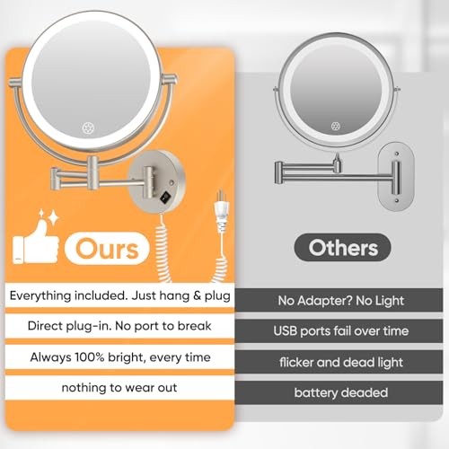 FUNTOUCH Plug in Wall Mounted Lighted Makeup Mirror 1X/30X Magnifying | AC Powered Double-Sided Magnification Bathroom Mirror with Lights,3Lighting Mode,Extended Arm 360 Rotation Light up Mirrors - color: Nickel