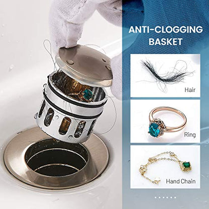 REGALMIX Vessel Sink Drain, Bathroom Faucet Vessel Sink Pop Up Drain Stopper, Built-In Anti-Clogging Strainer, Brushed Nickel with Overflow,Fits Standard American Drain Hole(1-1/2" to 1-3/4") R086J-BN - color: Brushed Nickel, size: With Overflow