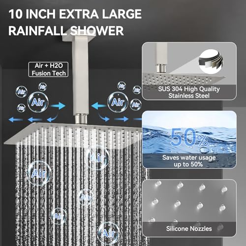 Shower System with Body Jets, Bostingner Four Modes Shower Faucet Sets with Handheld Spray 2 Ways, 4Pcs Shower Body Jets in Wall,10"+6" Rain Shower Head,Brushed Nickel Shower Sets Complete - color: Brushed Nickel, size: 6+10 inch