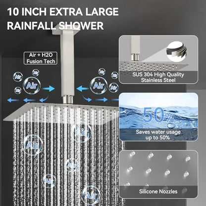 Shower System with Body Jets, Bostingner Four Modes Shower Faucet Sets with Handheld Spray 2 Ways, 4Pcs Shower Body Jets in Wall,10"+6" Rain Shower Head,Brushed Nickel Shower Sets Complete - color: Brushed Nickel, size: 6+10 inch
