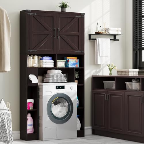 Vabches Home Space-Saving Toilet Rack with 2 Barn Doors (Walnut) | Farmhouse Over The Toilet Storage Cabinet, with Toilet Paper Holder Stand, for Laundry, Bathroom, Restroom - color: Walnut