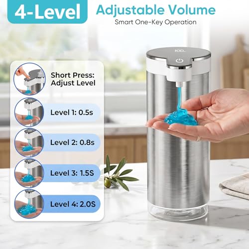 Automatic Soap Dispenser Touchless, 11.8oz/350ml Stainless Steel Hand Soap Dispenser with 4-Level Adjustable Rechargeable Sensor Dispenser Pump,Liquid Soap Dispenser for Kitchen Bathroom