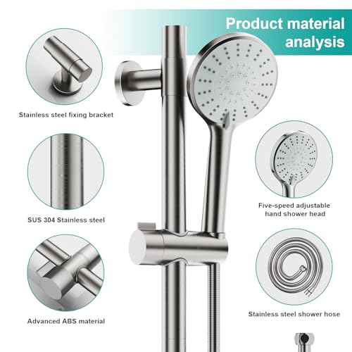 Shower Slide Bar Handheld Shower Head with Hose, 5-Function Hand Shower with Wall Mount，shower slide bar,adjustable height shower head (A-round, Brushed Nickel) - color: Brushed Nickel