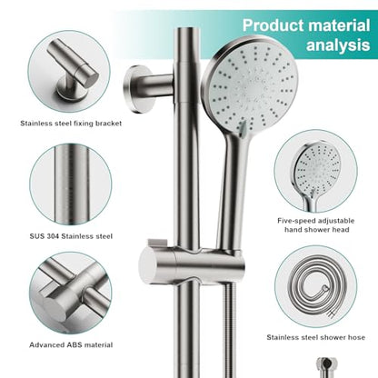 Shower Slide Bar Handheld Shower Head with Hose, 5-Function Hand Shower with Wall Mount，shower slide bar,adjustable height shower head (A-round, Brushed Nickel) - color: Brushed Nickel