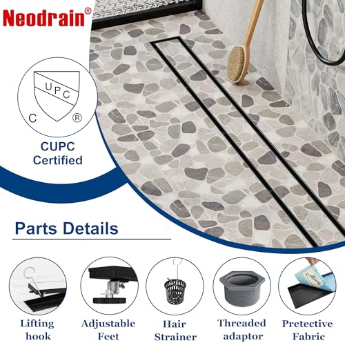 Neodrain 36-Inch Linear Shower Drain-Matte Black,with Tile Insert Grate | 304 Stainless Steel, Fast Drainage, Rectangle Shower Floor Drain with Leveling Feet & Hair Strainer, Fits Bathroom, Balcony - color: Matte Black, size: 36 IN