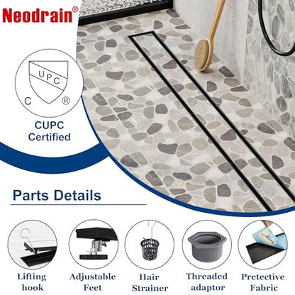 Neodrain 36-Inch Linear Shower Drain-Matte Black,with Tile Insert Grate | 304 Stainless Steel, Fast Drainage, Rectangle Shower Floor Drain with Leveling Feet & Hair Strainer, Fits Bathroom, Balcony - color: Matte Black, size: 36 IN