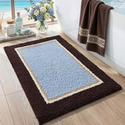DEXI Bathroom Rugs 24x16, Soft Absorbent Bath Mat, Brown and Light Blue | Non Slip Washable Bathmat, Thick and Plush Microfiber, Quick Dry, For Shower Floor, Sink, Tub, Laundry Room - color: Brown and Light Blue, size: 24" X 16" (Rectangular)