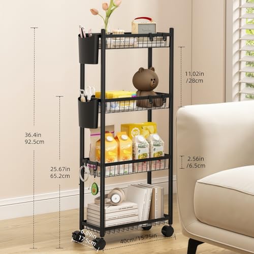 Slim Rolling Storage Cart, 4 Tier Narrow Utility Cart with Wheels, Skinny Metal Mobile Shelf Unit Organizer for Bathroom Kitchen Laundry Room Pantry Office Small Spaces, Black