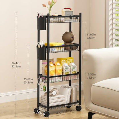 Slim Rolling Storage Cart, 4 Tier Narrow Utility Cart with Wheels, Skinny Metal Mobile Shelf Unit Organizer for Bathroom Kitchen Laundry Room Pantry Office Small Spaces, Black