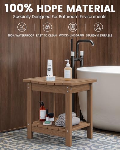 SERWALL Shower Bench, 18" Shower Stool for Inside Shower, HDPE Waterproof Shower Seats for Adults with Storage Shelf & Handles, 360 lbs Capacity- Brown - color: Brown