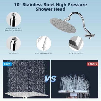 Hibbent All Metal CUPC Certified Shower Head, 10'' High Pressure Rainfall Shower Head, Handheld Showerhead Combo with 12'' Adjustable Extension Arm, 10-Spray, 71'' Shower Hose, Shower Holder, Chrome - color: Chrome, style: Round 10''