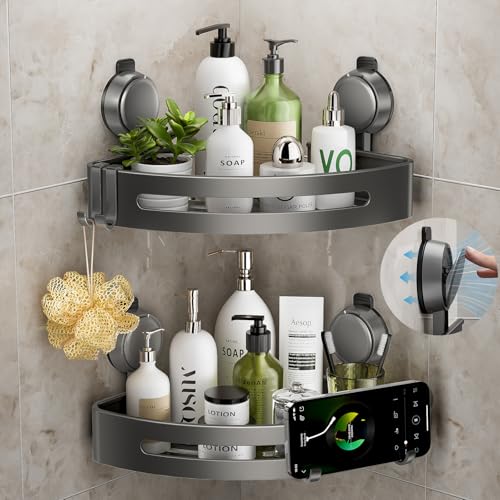 Corner Shower Caddy Suction Cup,Shower Shelves with Hooks,No Drilling Powerful Upgrade Suction Bathroom Corner Organizers and Storage,Removable Waterproof Rustproof Shower Shelf Bathroom Decor - color: Corner-2pcs