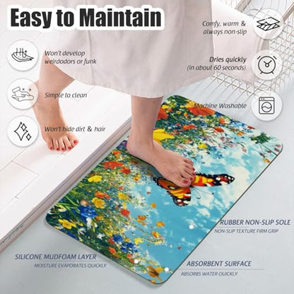 Bathroom Runner Mat Rugs Long,Cat Flower Garden Butterflies 3d beautiful Diatomite Stone Bath Mat Large Absorbent Diatomaceous Earth Mat Non Slip Fast Dry Shower Mat Bathroom Rugs Floor Mat 16x42in - color: Design19
