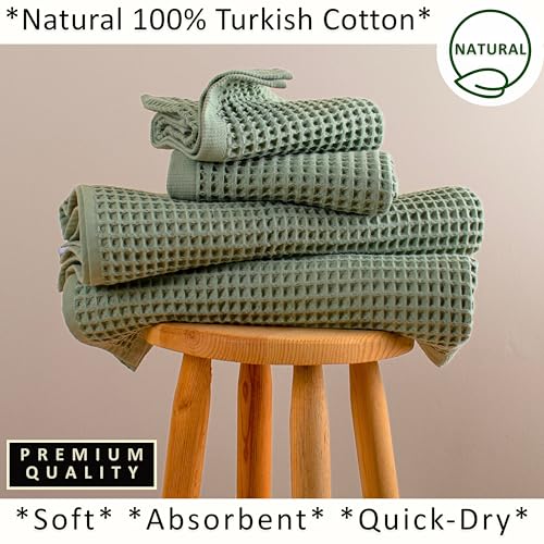 PÜSKÜL Natural 100% Turkish Cotton Waffle Towels Set of 4-Piece, Sage Green | 2-Bath sheet (Extra-large 32x63") and 2-Hand towel (Large 32x16"). Premium honeycomb-waffle weave, oeko-tex made in Turkiye. - color: Sage Green