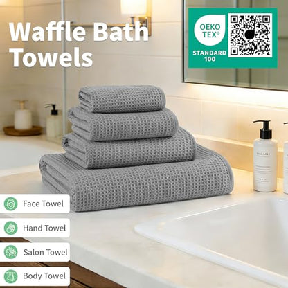 MICROFI Waffle Weave Bath Towel Set, Microfiber, 4 Pieces (Body/Hair/Hand/Face), Quick Dry, Lightweight, Super Absorbent, Lint Free, 380 GSM (Gray) - color: Gray