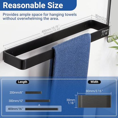 SAYAYO Matte Black Hand Towel Holder for Bathroom, 16” Adhesive Towel Bar | Towel Rack Wall Mount, Heavy Duty Square Towel Ring - color: Black, size: 16 Inch