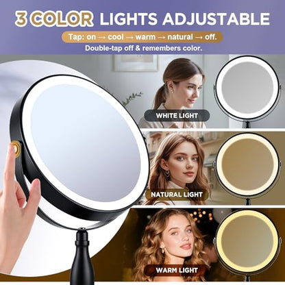 30X Magnifying Mirror with Lights-Matte Black 8" Dual Sided | (1X/30X) Lighted Makeup Mirror, 360° Swivel, 5000mAh Rechargeable Side Touch & Side Charging, 3 Colors & Dimmable Brightness - color: Matte Black