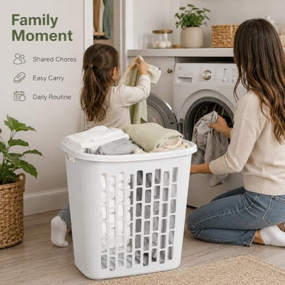 Large Plastic Laundry Hamper, White, Slim Rectangular(2-Pack) | Reinforced Handles, Space-Saving Design, 20x13x24 Inches, Durable Construction, For Bathroom & Dorm, Ventilated,