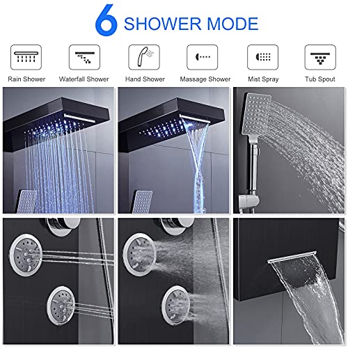6-in-1 LED Shower Panel Tower System Stainless Steel Black | Rainfall + waterfall | 4 body jets | Handheld shower | Tub spout | LED display | Wall mount - color: Black