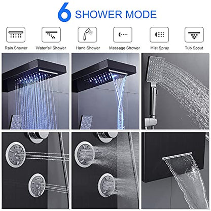 6-in-1 LED Shower Panel Tower System Stainless Steel Black | Rainfall + waterfall | 4 body jets | Handheld shower | Tub spout | LED display | Wall mount - color: Black