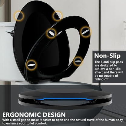 Angol Shiold Elongated Toilet Seat - Slow Close Hinges, Ergonomic Design with Grip-Tight Bumpers, Safe Easy-Clean PP Material (Black, 18.5" Elongated) - color: Black, size: Elongated 18.5‘’
