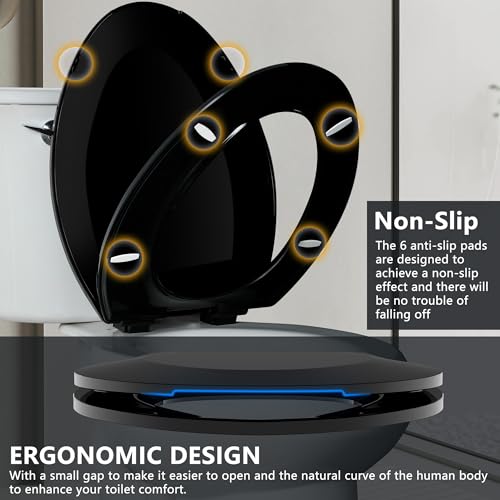 Angol Shiold PP Slow Close Toilet Seat (Elongated, Black) | Elongated toilet seat with ergonomic design, grip-tight anti-slip bumpers and easy-clean safe PP material - color: Black, size: Elongated 18.5‘’