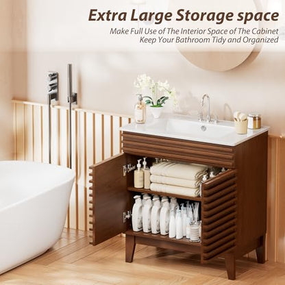 APRILSOUL 30" Bathroom Vanity with Ceramic Sink, Mid-Century Bathroom Vanity Cabinet with 2 Soft Closing Doors, Freestanding Bathroom Cabinet, Particleboard Frame with Wood Grain Laminate, Walnut - color: Walnut/ White Sink, size: 30 Inch