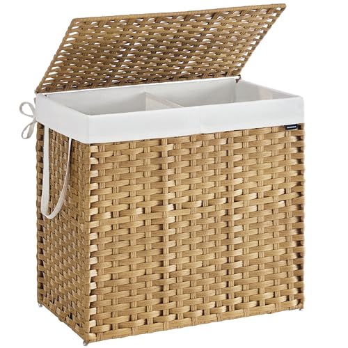 SONGMICS Laundry Hamper with Lid, 42.3 Gallon (160 L) Synthetic Rattan Clothes Laundry Basket with Lid and Handles, Foldable, Removable Liner, Goose Yellow ULCB216Y01 - color: Goose Yellow, size: 160 L