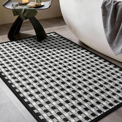 YIHOUSE Bathroom Rugs 16" x 24", Ultra Thin Checkered Weave Bath Mat - Soft Absorbent Quick Dry Bath Mat, Machine Washable Non Slip Bath Rugs for Bath, Shower and Tub, Black White - color: Black White, size: 16"x24"