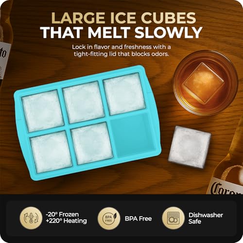 Large Ice Cube Trays for Whiskey, Silicone Ice Cube Tray, with Reinforced Steel Ring Top, Makes 12 perfect 2-in ice cubes, Square Ice Tray for Cocktails, Whiskey, Coffee. (2 Pack) - color: Water blue