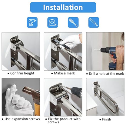 Handicap Grab Bar, 29.5 Inch Stainless Steel Toilet Safety Rails, Disabled Flip-Up Bathroom Grab Bars with Paper Holder, Anti-Slip Toilet Handrails Hand Grips Handicap Grab Bars for Elderly