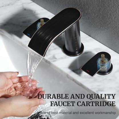 Ultimate Unicorn 8 inch Bathroom Faucet Oil Rubbed Bronze, Waterfall Bathroom Sink Faucet with Metal Pop-up Drain Stopper and 2 Supply Hoses,2 Handle Widespread Faucets for Vanity Sink 3 Holes | Bathroom Sink Faucet with Metal Pop-up Drain Stopper and 2 S