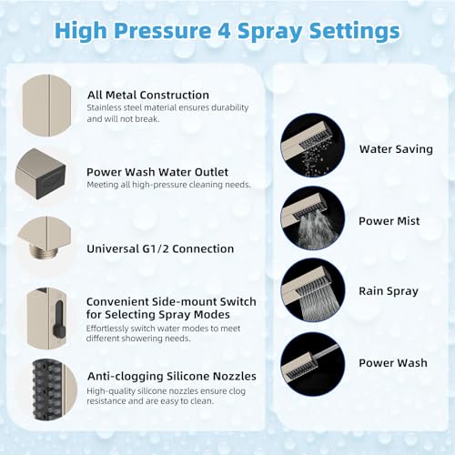 Hibbent All Metal CUPC Certified 8'' Rainfall Shower Head, Dual Shower Head Combo, High Pressure Handheld 4 Sprays Shower Wand, 16'' Adjustable Extension Arm, 71'' Hose, Shower Holder, Brushed Nickel - color: Brushed Nickel, style: Square 8''
