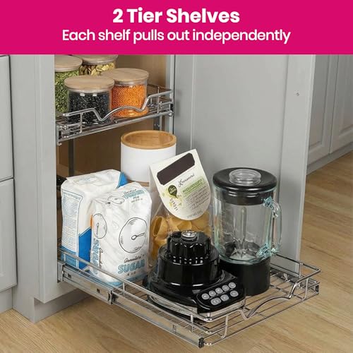 2-Tier Pull-Out Cabinet Organizer for Kitchen, 11" W x 21”D x 16.5" H | Full-Extension Sliding Shelves, Holds 100 lbs, Easy Install for Kitchen, Pantry & Under Sink Cabinets - size: 11 Inch