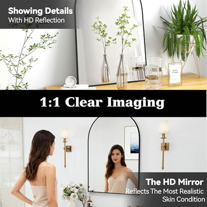 SCWF-GZ 36x24 Arch Mirror Rectangle Full Length Wall Mounted Hanging or Against Wall Metal Aluminium Alloy Frame Dressing Make-up Mirrors for Entryway Bedroom Bathroom Living Room 36 24 inch Black | HD Crystal Clear No distortion Tempered Glass,Make-Up Va