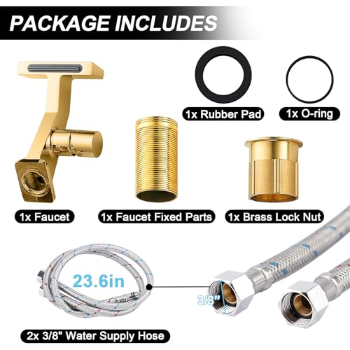 BAKALA Gold Waterfall Bathroom Faucet, Single Hole Brass Sink Faucet for RV and Vanity, Includes 2 Supply Lines - color: Gold