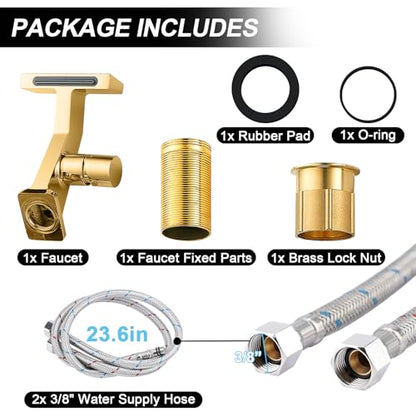 BAKALA Gold Waterfall Bathroom Faucet, Single Hole Brass Sink Faucet for RV and Vanity, Includes 2 Supply Lines - color: Gold