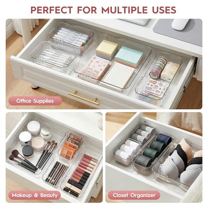 Expandable Drawer Organizer Set, Clear Adjustable Drawer Dividers, 4-Piece Storage Trays for Kitchen, Bathroom, Makeup, Office, Durable PET Material
