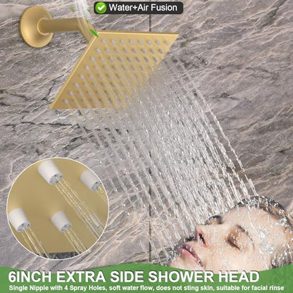 HOMEDEC 15.7x31.5" Ceiling Rain Shower System with Handheld, 6 Spray Jets, and Dual Side 6" Wall Mount Shower Head, Brushed Gold - color: Brushed Gold, style: 5-Way + 2x 6" Top